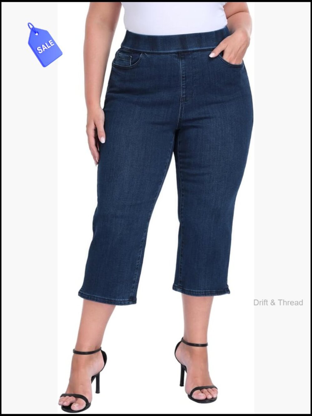 Plus Size Pull On Capri Jeans Tummy Control 21" Inseam High Waist Stretch Denim